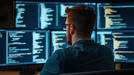 Software developer working on multiple monitors, coding, programming, IT professional