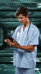 Wall Mural - animation of data processing over caucasian male doctor with tablet