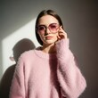 © Anna - Young caucasian female in pink sweater with sunglasses in soft lighting