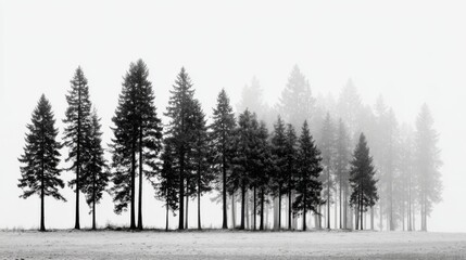 Wall Mural - tall evergreen trees stand in a misty landscape, their silhouettes contrasting against a cloudy sky.