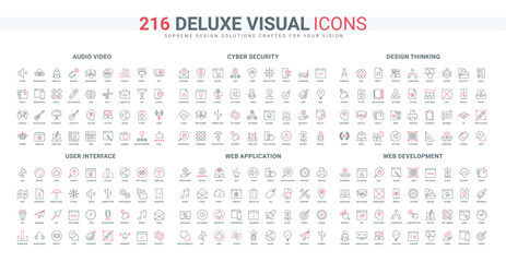 Web application development and support, UI and design, code of website line icon set. Video audio, media files editing and magnet for likes thin black and red outline symbols vector illustration