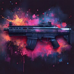 Wall Mural - a stylized illustration of a gun against a vibrant, colorful splatter background, showcasing a mix o