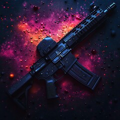 Wall Mural - a striking black rifle against a vibrant cosmic background of purple and orange hues, enhancing its 