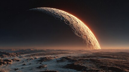 Wall Mural - A breathtaking landscape reveals a distant moon casting orange hues over rugged mountains at twilight. Stars twinkle in the dark sky, enhancing the serene ambiance of this extraterrestrial view.