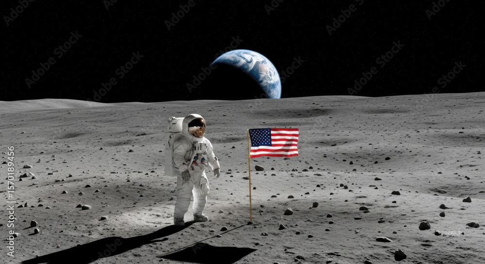 Astronaut standing on the moon with american flag and earth visible in ...