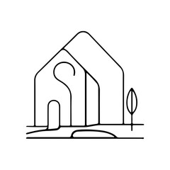 Wall Mural - Minimalist line art of a modern house with tree and pathway  