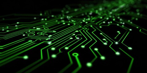 Green circuit lines on a black background, flat design, vector illustration, simple shapes, tech theme, simple background, minimalistic Generative AI