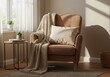 © NoelMatic - Cozy living room interior with a comfortable armchair and blanket in warm sunlight, representing home comfort and relaxation