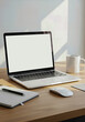 © Santa Claus - A laptop mockup with a blank screen on a clean white desk. A modern home office or business workspace concept for remote work, professional presentations, or website design.