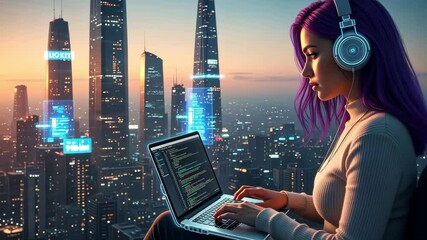 Woman with purple hair codes on a laptop in a futuristic cityscape at dusk, wearing headphones