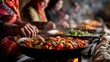 © YURY YUTY - Colorful vegetable dishes being prepared in a refugee camp kitchen during a cultural gathering in the early evening