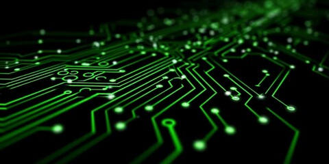 Green circuit lines on a black background, flat design, vector illustration, simple shapes, tech theme, simple background, minimalistic Generative AI