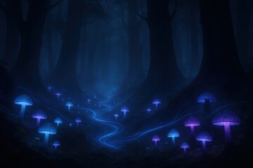 Wall Mural - Mystical bioluminescent fungi garden creating ethereal blue light patterns in dense foggy woodland at midnight