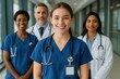 © Jelena - Young nursing student in scrubs standing confidently with medical team in hospital setting
