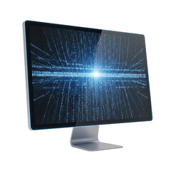 modern computer screen displays streaming blue binary code on a transparent background for digital d