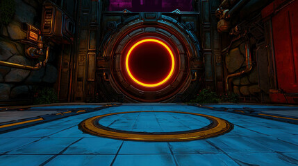 Wall Mural - futuristic portal with glowing orange rim set against industrial background featuring pipes, metalli