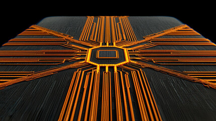 Wall Mural - abstract close-up of a futuristic circuit board with vibrant orange lines and a sleek black surface 