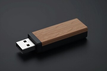 modern usb flash drive design with a wooden casing and black matte bottom, isolated on dark backgrou