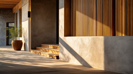 Wall Mural - architectural elegance: sunlit exterior of a modern building with wooden slats, steps, and minimalis