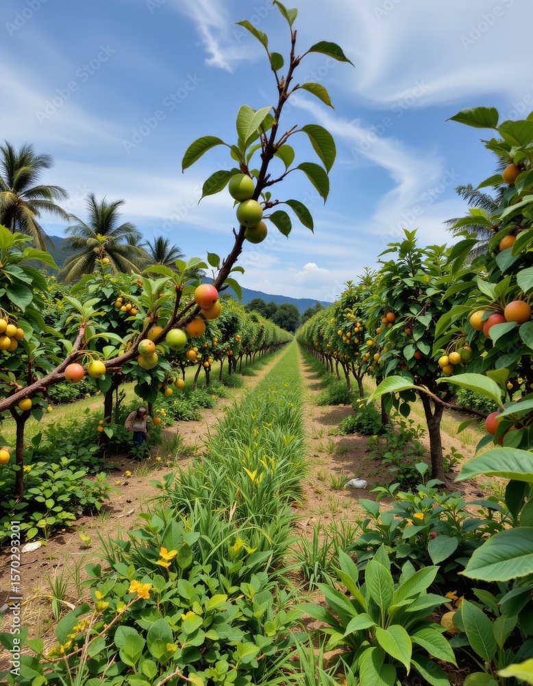 Fruit Tree Line Rows this image captures a row of trees lined up, displaying fruits that are ...