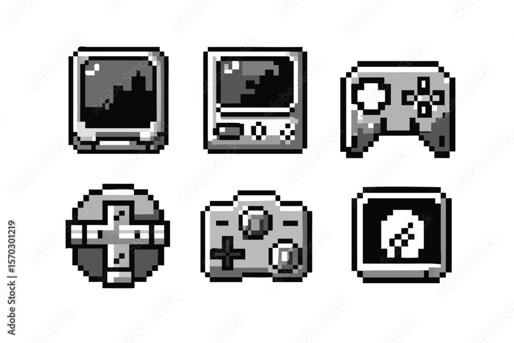 8-bit Retro Gaming Pixel Art Icon Set. Monochrome Arcade Sprites with ...