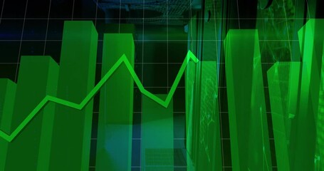Wall Mural - After grid plane appearing, 3D green bars emerging and trend line sweeping peaks visualizing data