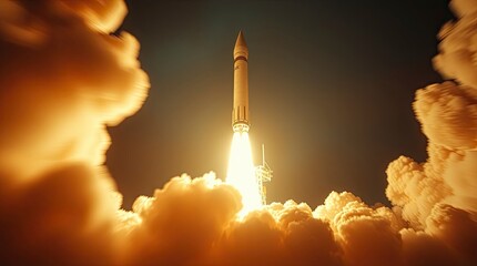 Wall Mural - Rocket launch, film-like composition and lighting, emphasizing dynamic movement and intense contrast