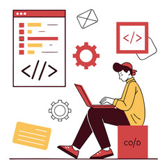 Young Man Coding on Laptop, Web Development Illustration
