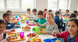 © Andres Mejia - Happy children eating healthy food in school cafeteria