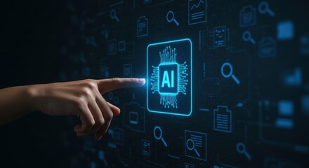 Hand touching a glowing AI chip on a digital background