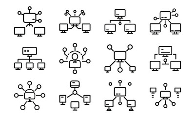 Collection of computer network icons illustrating connectivity and data flow for various applications