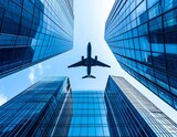 Airplane Flying over Glass Skyscrapers Building