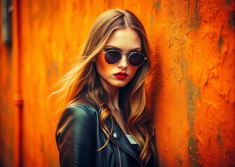 Sticker - stylish woman in sunglasses, urban exploration fashion portrait, orange background