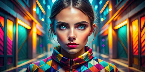 Sticker - vibrant young woman colorful eyes architectural background stock photo