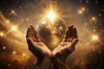 Wall Mural - Vintage Celestial Faith: Praying Hands Reaching Glowing Orb Amidst Stars