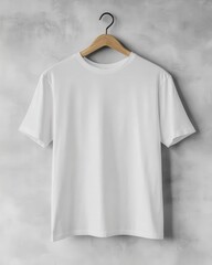 Wall Mural - Minimalist Hanging White Shirt on Wooden Hanger Against Grey Background
