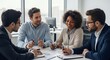 © Jersey - Diverse team collaborates on charts in bright office, sharing ideas and smiling