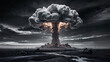 © Design Store - Massive mushroom cloud explosion erupts over a desolate war torn landscape with debris and dark ominous clouds overhead