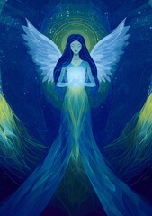 Wall Mural - Mystic angel illustration radiating healing energy – a spiritual being of light using sacred geometry for divine healing. A guardian angel of peace, transformation, spiritual harmony, and love.