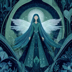Wall Mural - Mystic angel illustration embodying divine presence – a celestial being of light and cosmic energy. Visionary guardian of transformation, spiritual awakening, higher realms, ascension, consciousness.