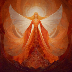 Wall Mural - Mystic angel illustration embodying divine presence – a celestial being of light and cosmic energy. Visionary guardian of transformation, spiritual awakening, higher realms, ascension, consciousness.