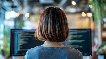 A woman focused on coding at a computer in a modern office.