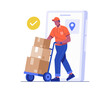 © agny_illustration - Illustration of a delivery man pushing a trolley full of boxes, stepping out from a giant smartphone interface. Concept of parcel delivery and smart logistics service