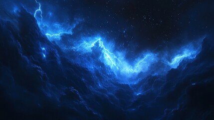 Wall Mural - Dramatic blue lightning striking dark clouds at night.