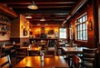 © chanisorn - Warm lighting illuminates rustic wooden tables and chairs in a cozy restaurant interior, brown, ambiance