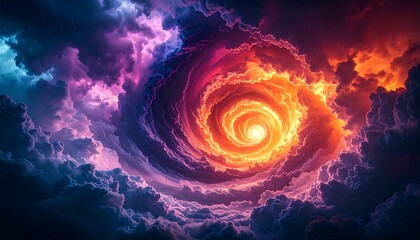 Wall Mural - epic celestial vortex of swirling storm clouds, a dramatic abstract background with glowing orange l