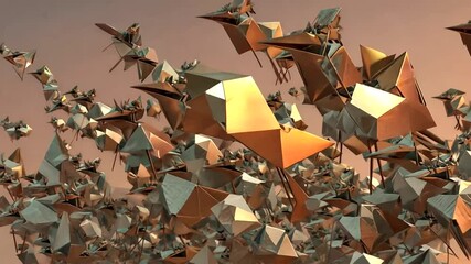 Wall Mural - Abstract flock of geometric birds soaring through a sunset sky, creating a dynamic visual spectacle