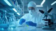 © MstShilpi12 - Scientist in protective gear meticulously examines a yellow liquid in a test tube within a brightly lit laboratory environment