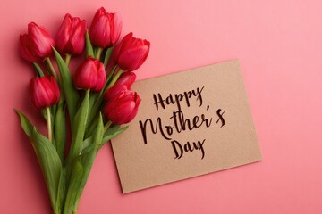  Red Backround with Happy Mother's Day Text on Felt Board and Tulips Bouquet Greeting Card
