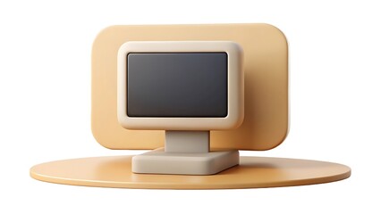 A retro style computer monitor with a rounded screen and beige casing sits on a circular base isolated on white background
